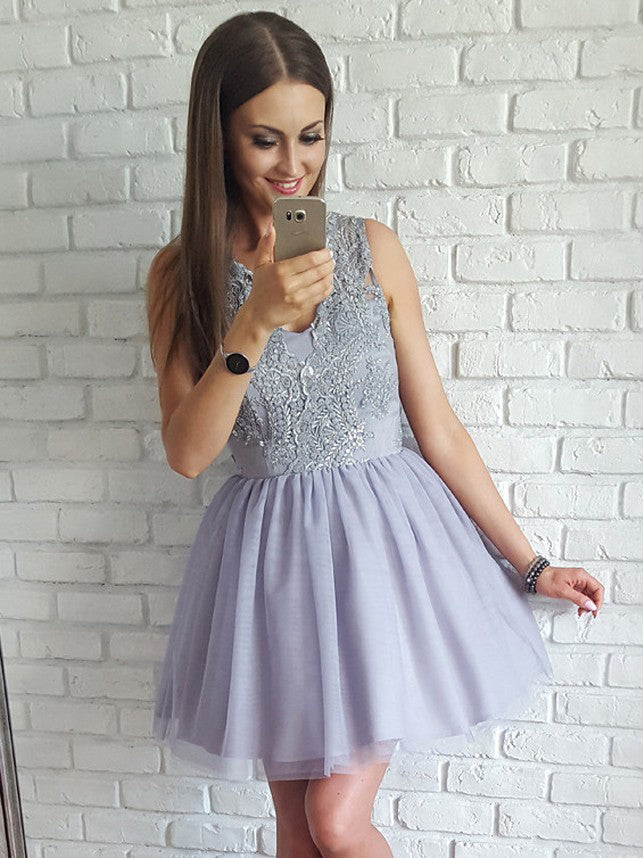 Lavender A-Line V-Neck Tulle Short Prom Dress Homecoming Dress With Appliques OC101