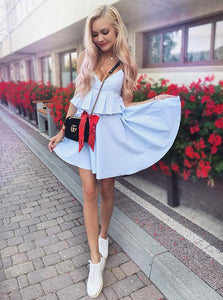 Chic Light Blue Short Prom Dress Spaghetti Straps Ruffles Homecoming Dress OM309