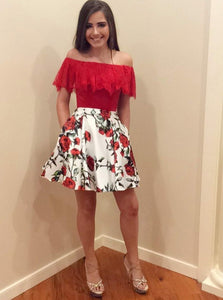 Ruffles Off the Shoulder Floral Print Homecoming Party Dress With Pockets OM173