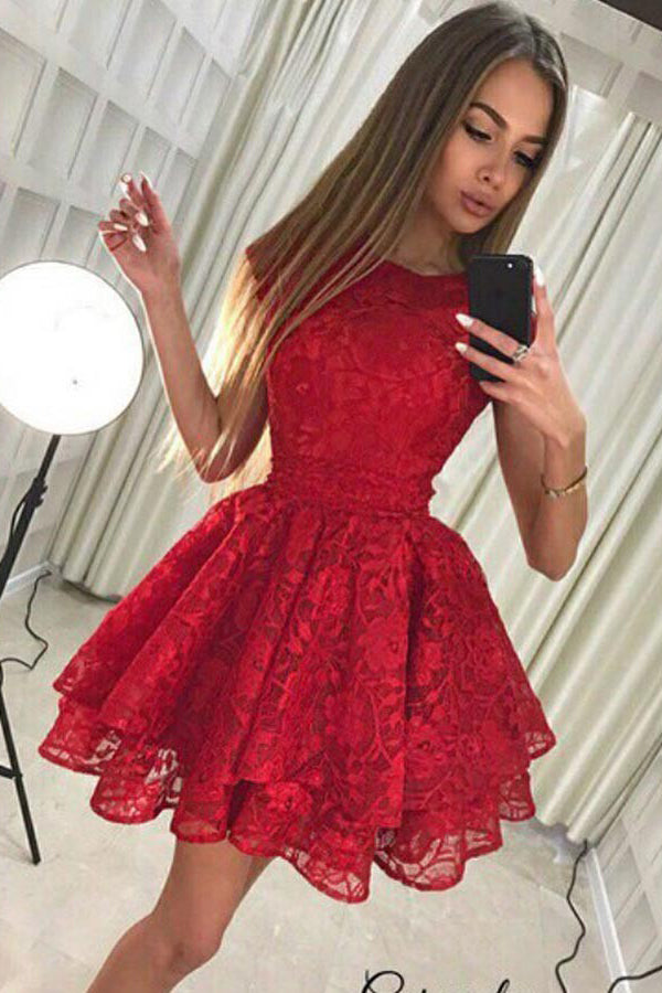 Jewel Lace Pleat Red Homecoming Dress With Tiered Skirt OM177