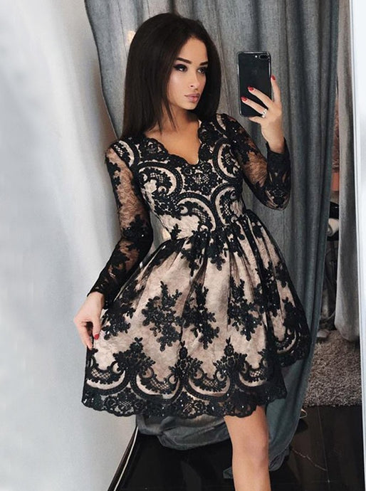 Black Lace Appliques Long Sleeves Short Prom Homecoming Dress OM179