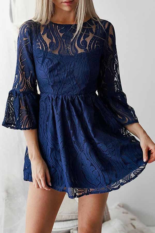 A-line Bateau Lace Navy Blue Bell Half Sleeves Homecoming Dress With Open Back OM233