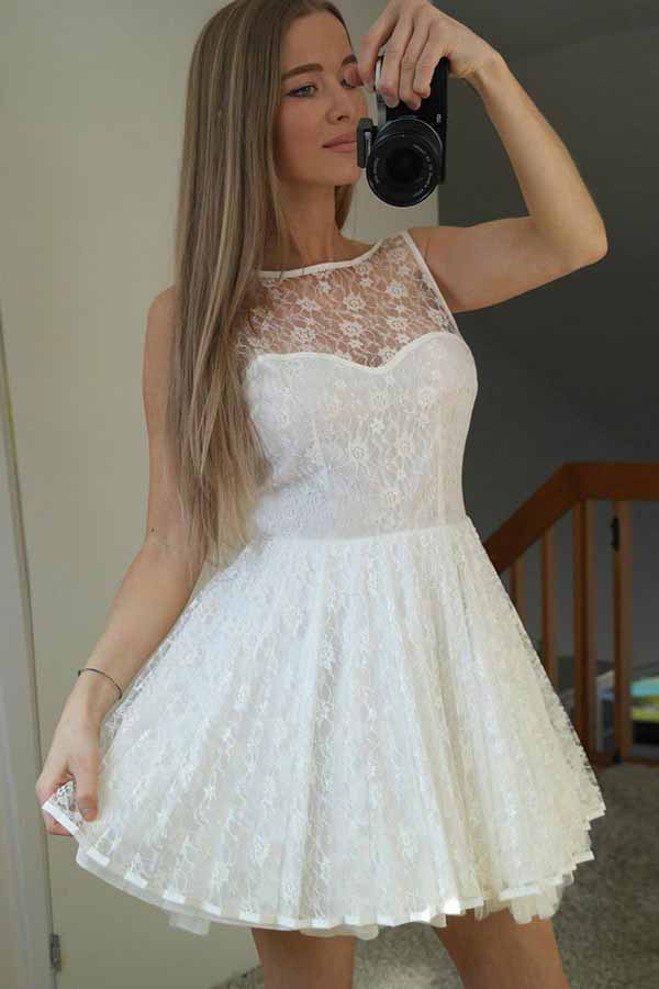 A-line Illusion Bateau V-back Lace Short Prom Dress