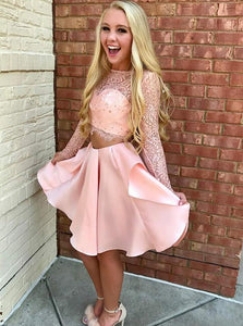 Two Pieces Pink Short Prom Dress Lace Bodice Long Sleeve Homecoming Dress OM242