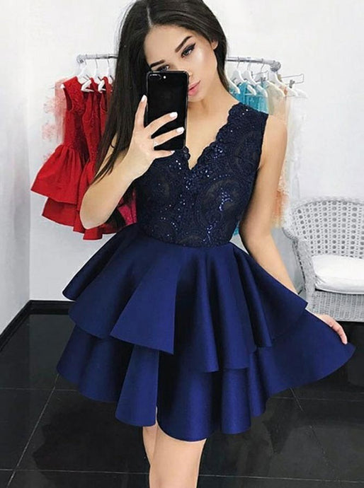 Navy Blue V-neck Sequins Lace Homecoming Dress With Tiered Skirt OM247