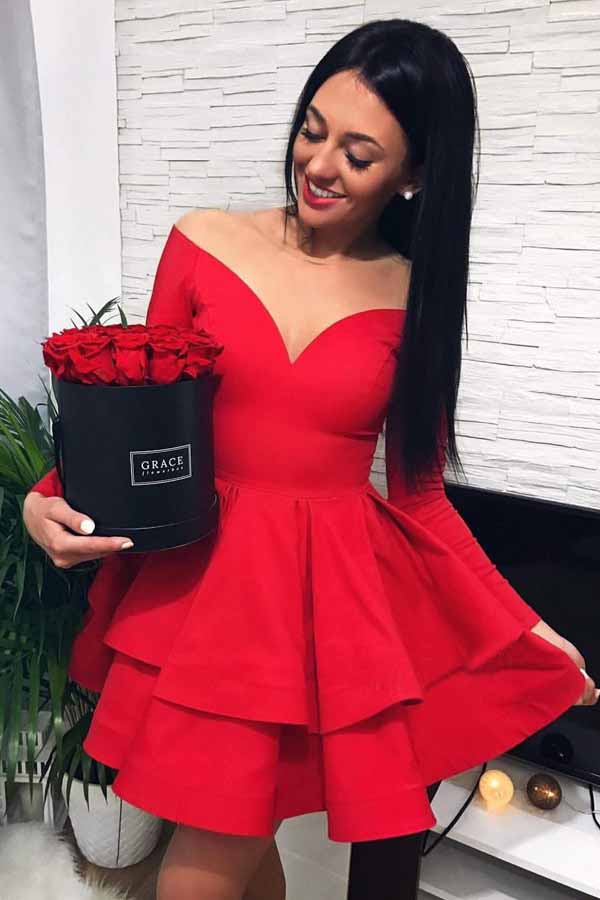 Off the Shoulder V-neck Tiered Red Long Sleeves Satin Short Prom Dress OM255