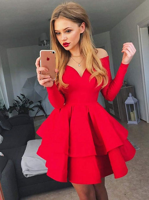 Off the Shoulder V-neck Tiered Red Long Sleeves Satin Short Prom Dress OM255