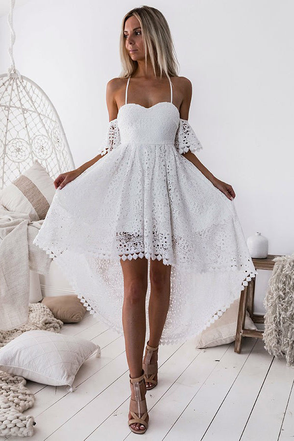 Off-Shoulder White Pleated Hollow Out Lace High Low Homecoming Dress OM261