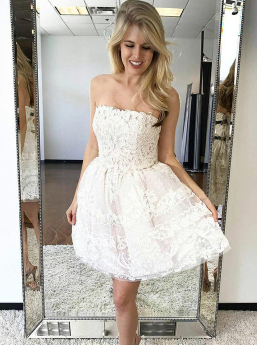 A-line Ivory Strapless Homecoming Dress Lace Short Party Dress OM264