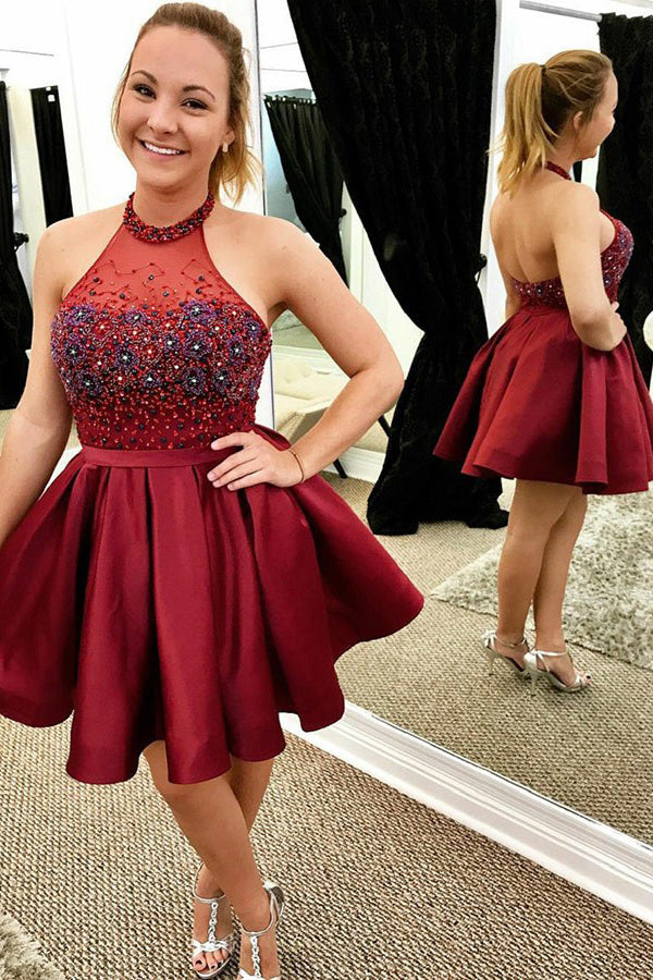 High Neck Beading Burgundy Short Prom Dress Backless Homecoming Dress OM266