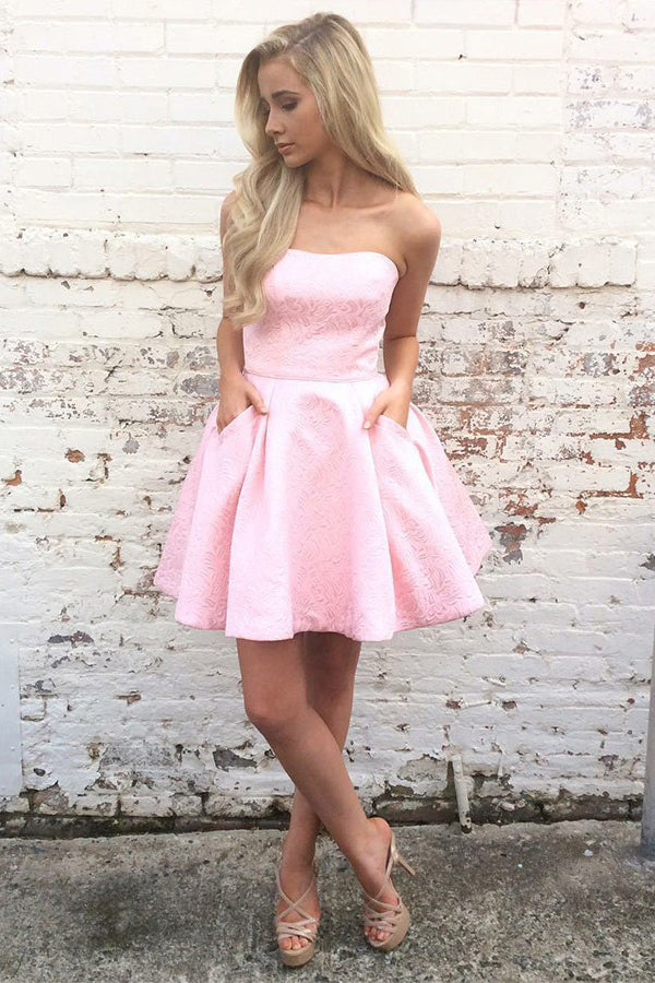 Pink Short Prom Dress Strapless Homecoming Dress With Pockets OM286