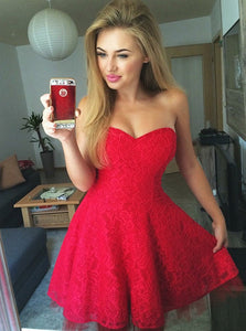 Cute Sweetheart A-line Lace Red Pleats Homecoming Dress OM284