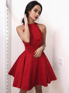 Fit and Flare High Neck Satin Red Short Homecoming Party Dress OM289