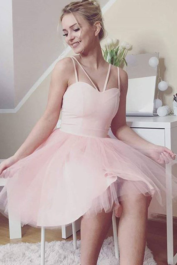 Charming Double Spaghetti Blush Pink Tulle Homecoming Dress OM294