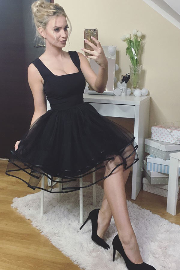 A-line Square Black Short Prom Dress Tulle Pleated Homecoming Dress OM293