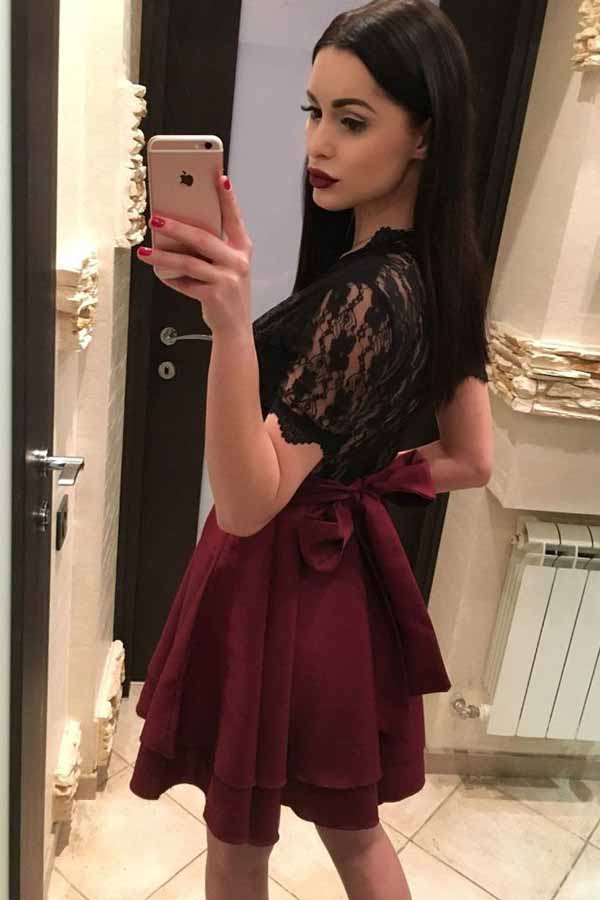 Black Lace Short Sleeves Homecoming Dress Burgundy Skirt Party Gown OM206