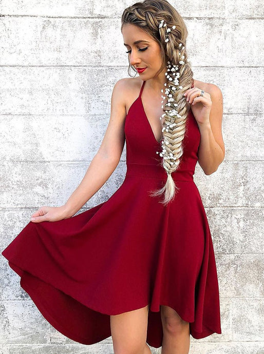 Spaghetti Straps V-neck Burgundy High Low Prom Homecoming Dress OM300