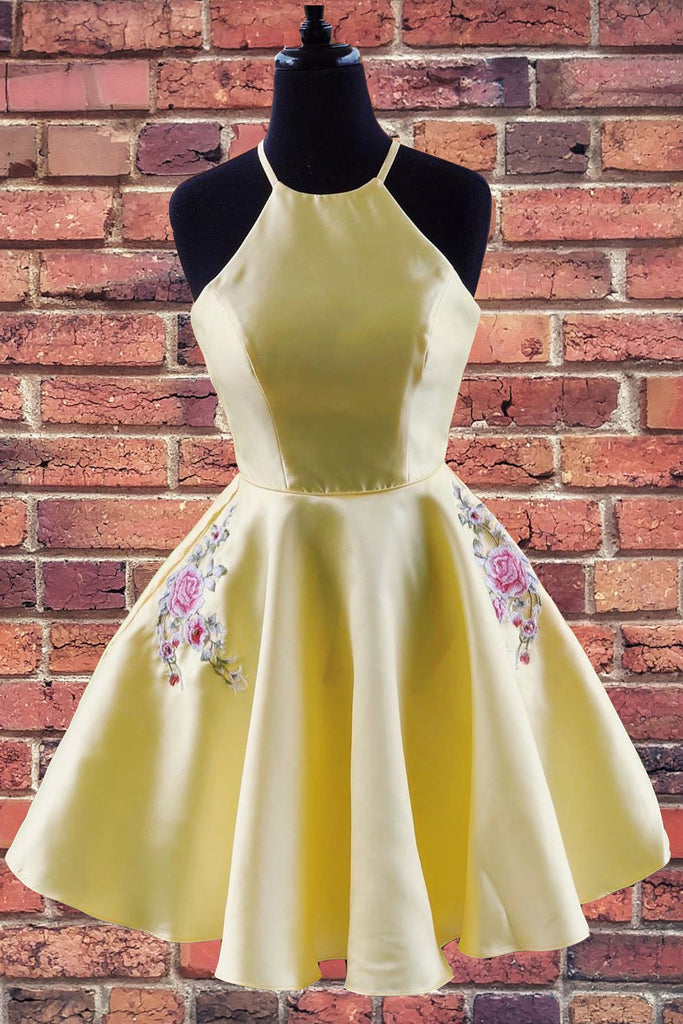 A-line Halter Yellow Homecoming Dress With Embroidered Pockets OM463