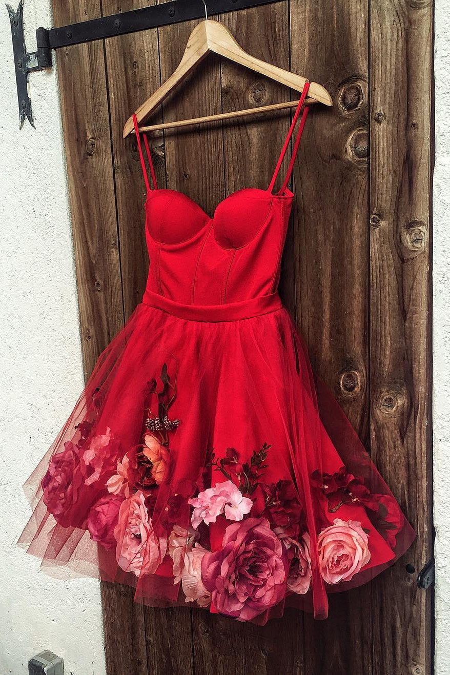 Spaghetti-straps Red Short Prom Dress 3D Applique Homecoming Dress OM322