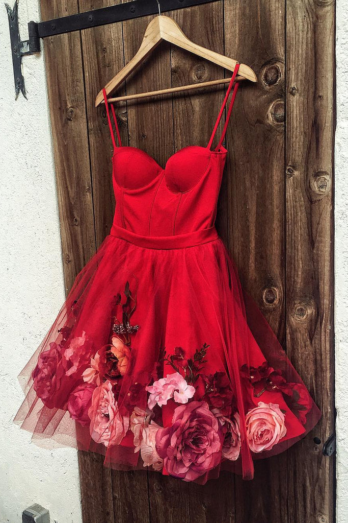 Spaghetti-straps Red Short Prom Dress 3D Applique Homecoming Dress OM322