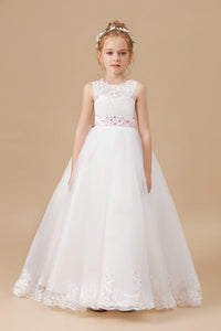 Floor-length Bowknot Tulle Satin Sleevelesss Lace Flower Girl Dresses