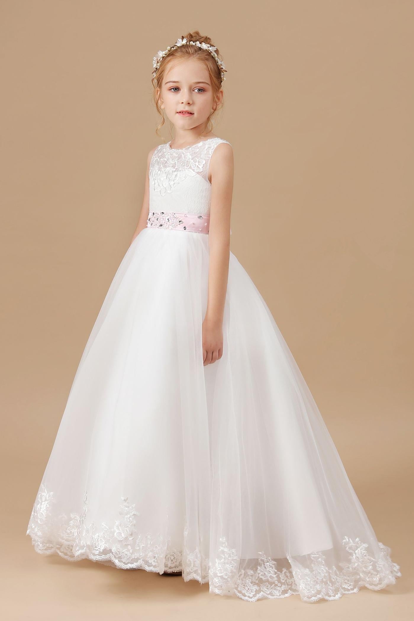 Floor-length Bowknot Tulle Satin Sleevelesss Lace Flower Girl Dresses