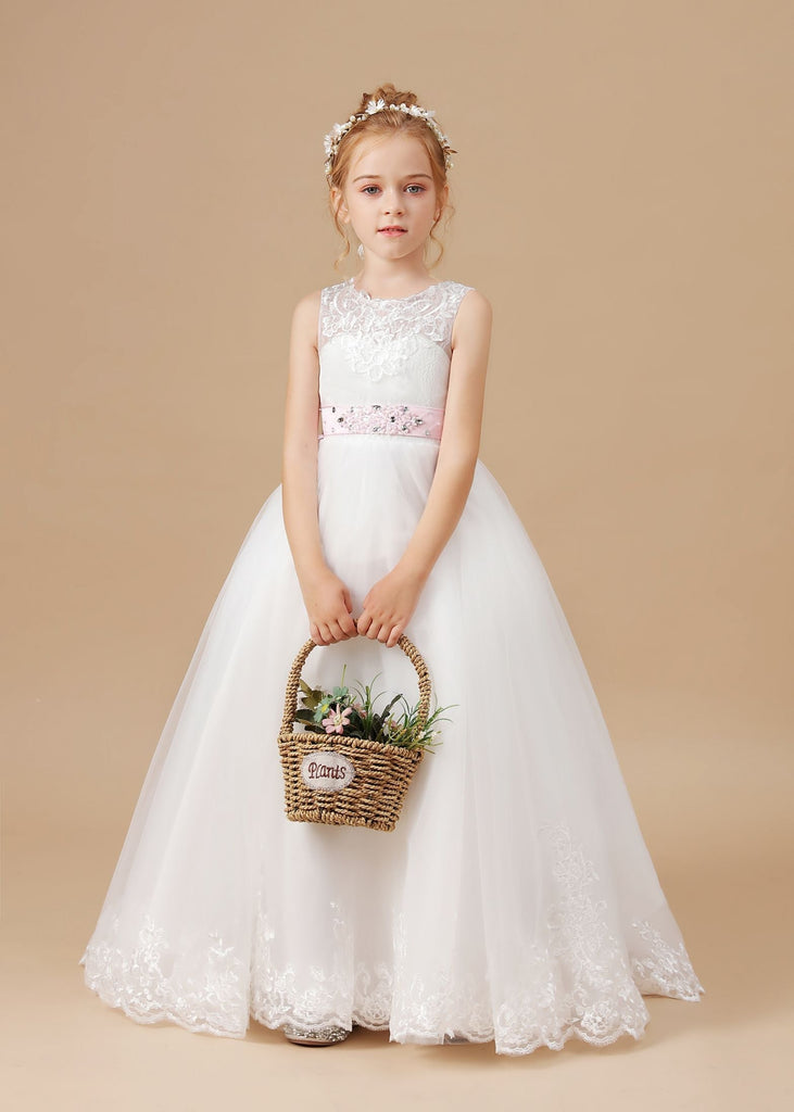 Floor-length Bowknot Tulle Satin Sleevelesss Lace Flower Girl Dresses