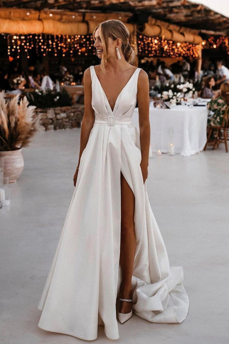 A Line V-neck Satin Wedding Dresses with Slit N078