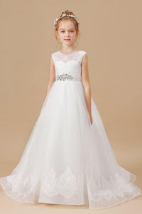 Tulle Satin Sleevelesss Lace Long Flower Girl Dresses