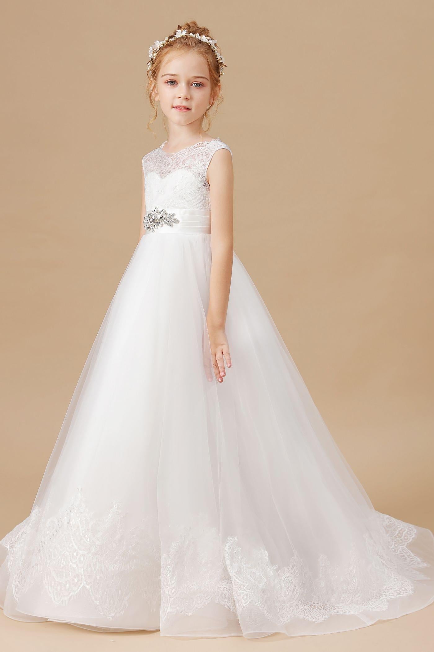 Tulle Satin Sleevelesss Lace Long Flower Girl Dresses