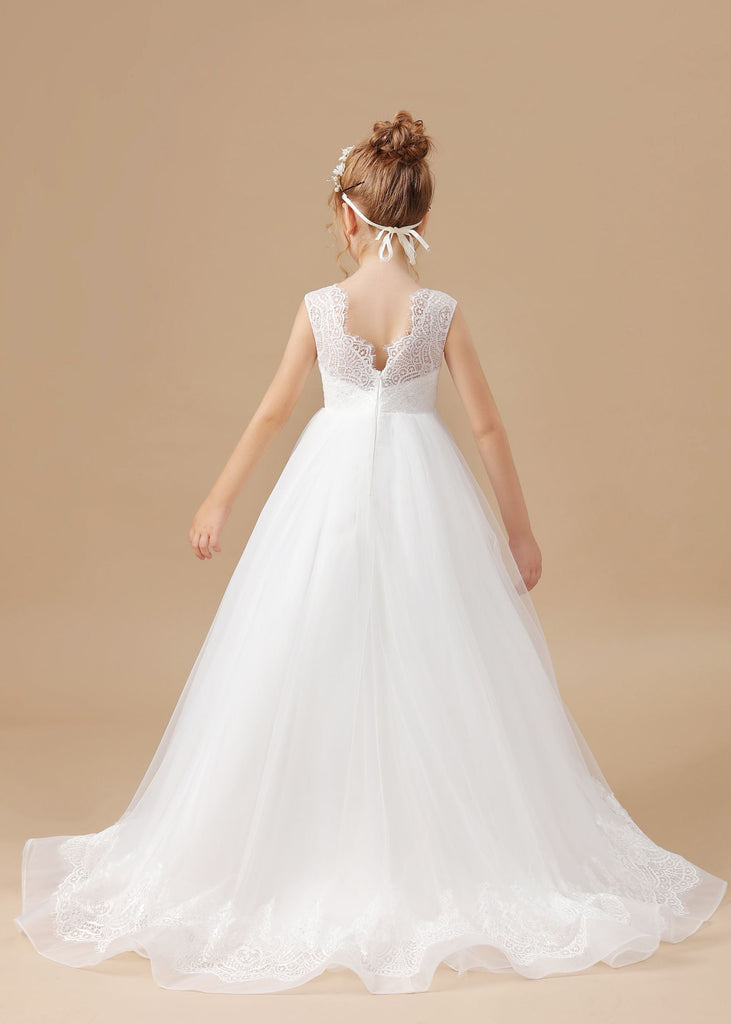 Tulle Satin Sleevelesss Lace Long Flower Girl Dresses