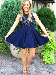 Dark Blue Satin Scalloped-Edge A-Line Lace Short Prom Dress UK Sale OC124