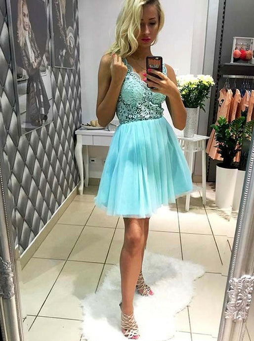 Mint Green A-Line V-Neck Tulle Short Prom Dress With Lace