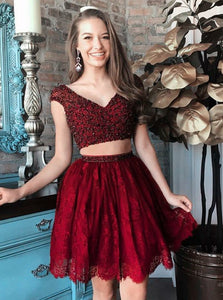 Burgundy Two Pieces V-Neck Cap Sleeves Short Lace Prom Dress with Beading