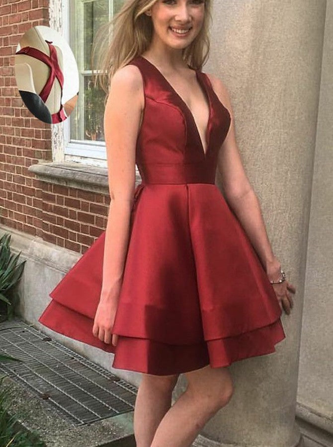 Sexy Burgundy A-Line Plunging Neckline Layers Satin Short Prom Dress OC133