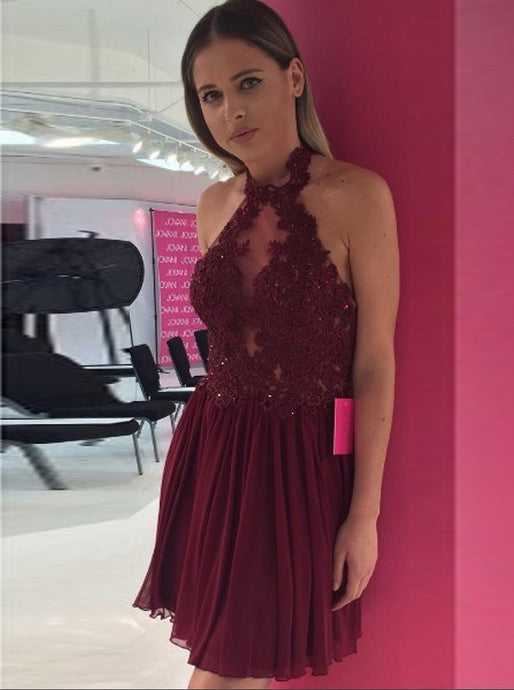 Maroon Backless Halter Chiffon Short Evening Party Dress With Appliques OC134