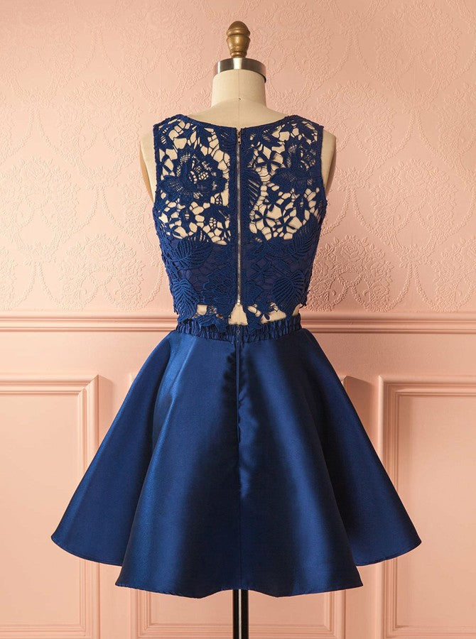 Dark Blue Two Piece Bateau Lace Appliques Satin Short Prom Dress OC137