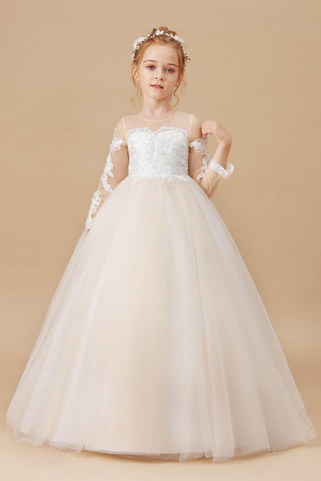 Floor-length Tulle Satin Long Sleeves Lace Flower Girl Dresses