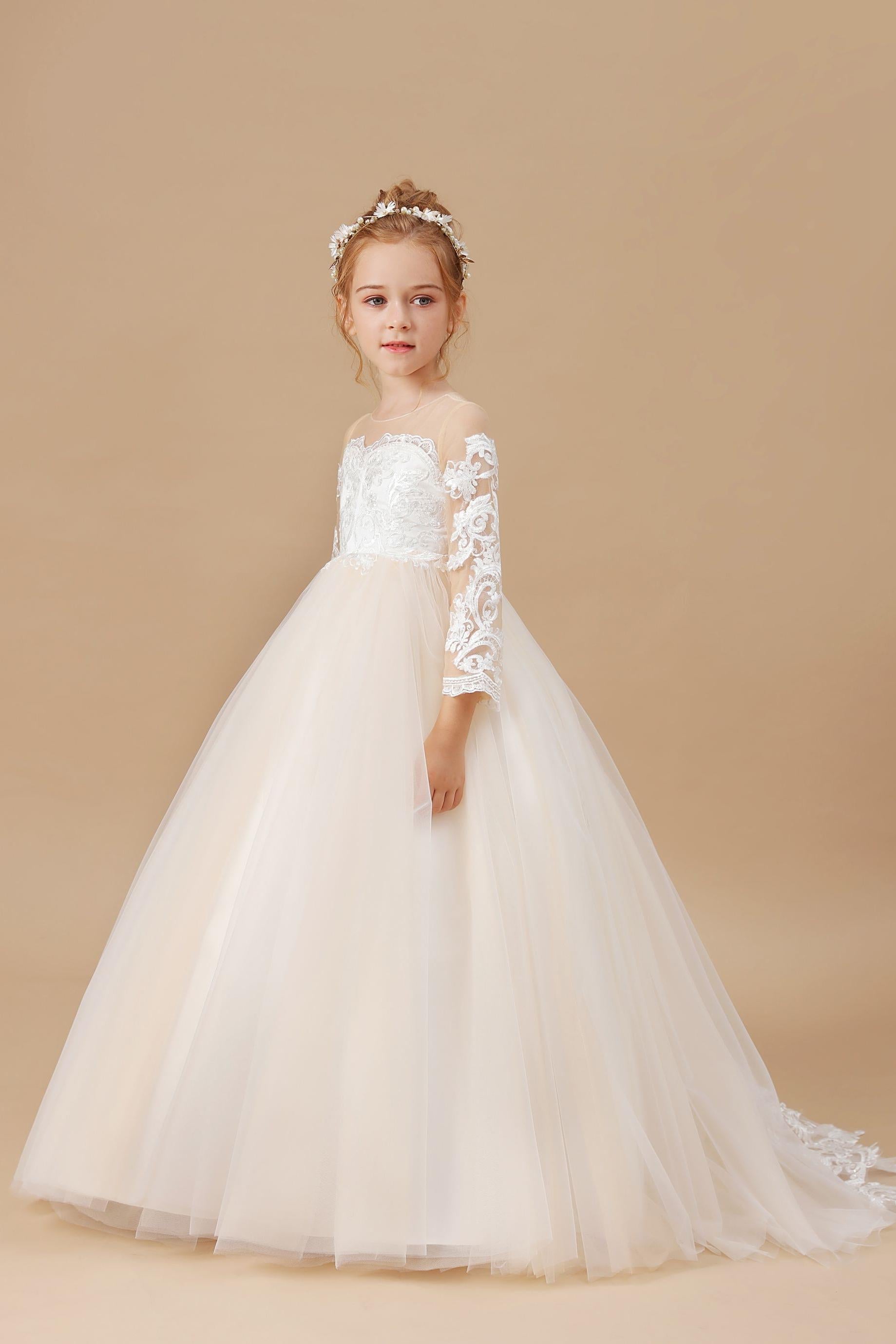 Floor-length Tulle Satin Long Sleeves Lace Flower Girl Dresses