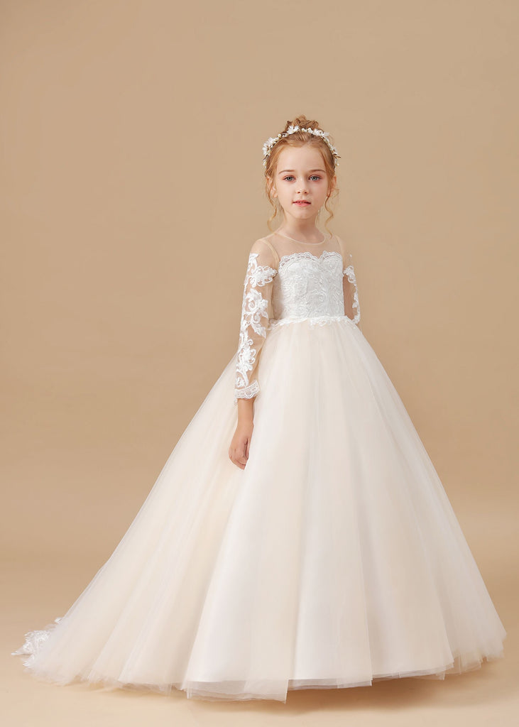 Floor-length Tulle Satin Long Sleeves Lace Flower Girl Dresses