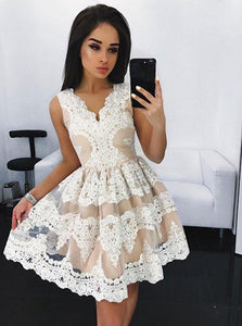 Ivory Appliques A-Line V-neck Short Tulle Graduation Dress, Cocktail Party Dress OC150