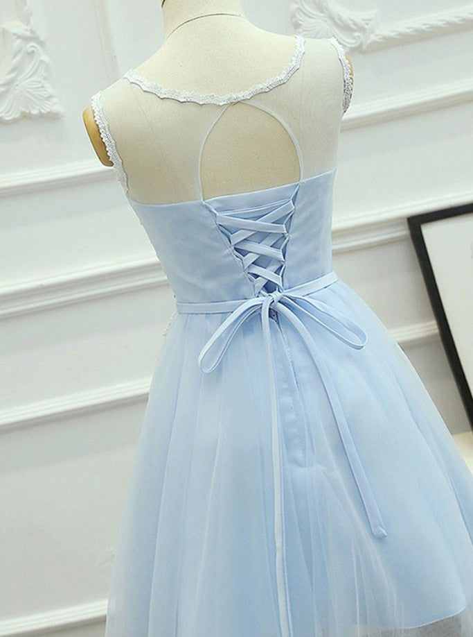 A-Line Jewel Keyhole Back Tulle Homecoming Dress With Sash Appliques OM118