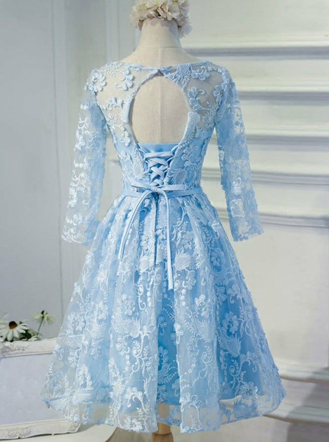 Bateau 3/4 Sleeves Keyhole Back Blue Lace Homecoming Dress OM107