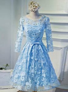 Bateau 3/4 Sleeves Keyhole Back Blue Lace Homecoming Dress OM107