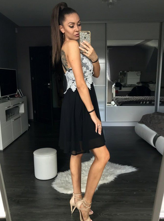 Spaghetti Straps Black Chiffon Cocktail Dress With Lace Appliques OM109