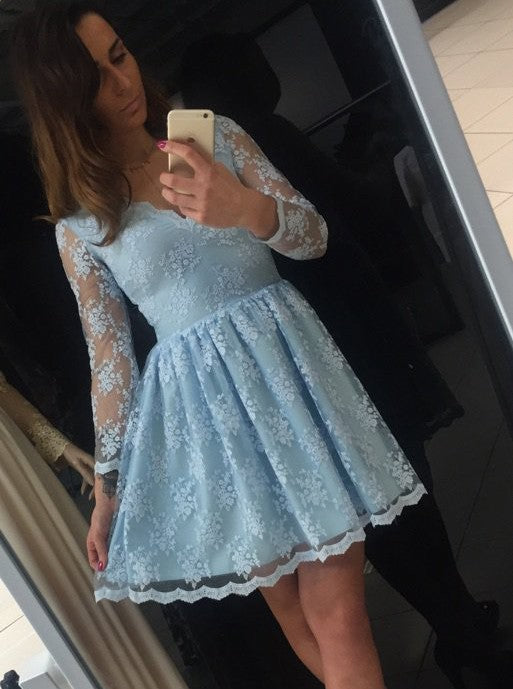 Blue A-Line V-Neck Long Sleeve Short Lace Homecoming Dress OM112