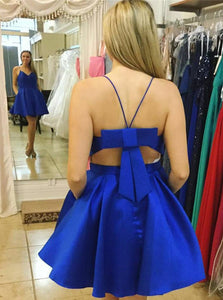 Royal Blue Spaghetti Straps Satin Bowknot Back Short Party Dress With Pockets OC109