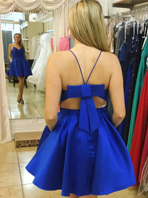 Royal Blue Spaghetti Straps Satin Bowknot Back Short Party Dress With Pockets OC109