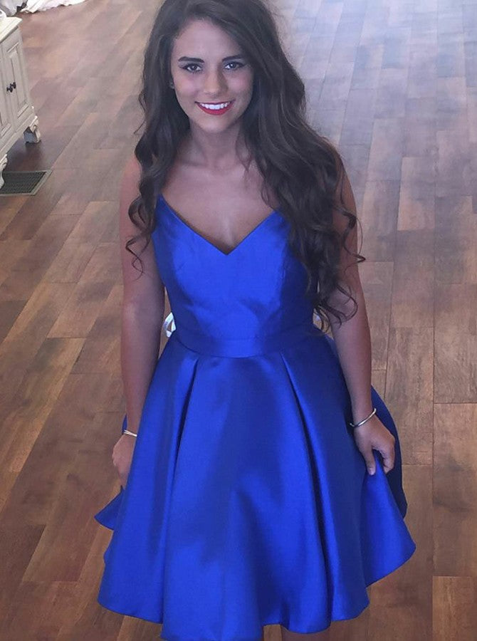 Royal Blue Spaghetti Straps Satin Bowknot Back Short Party Dress With Pockets OC109