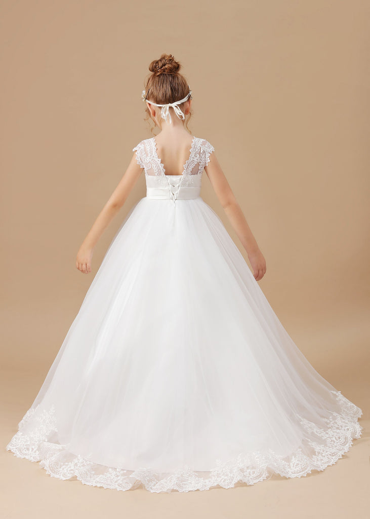 Tulle Satin Ivory V-neck Lace Floor-length Flower Girl Dress